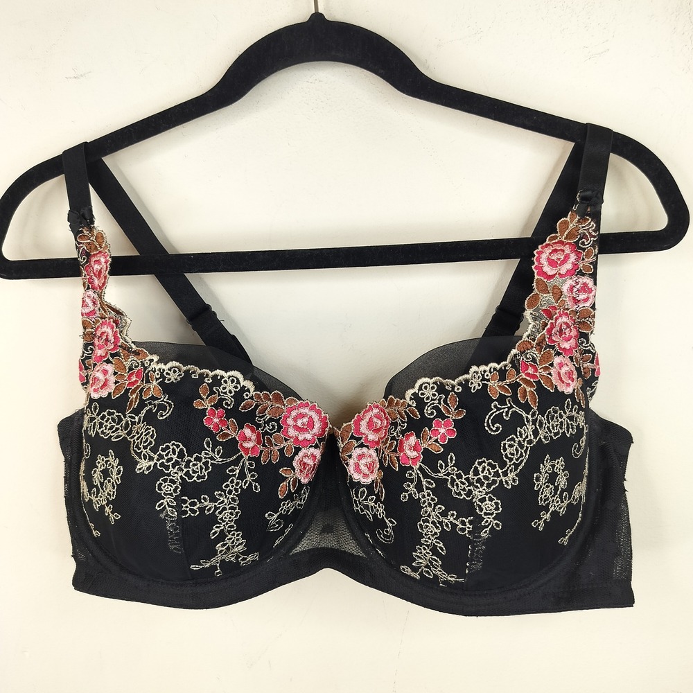 Enchanted Floral Embroidered Underwire Bra 40C Romantic Black Pink
